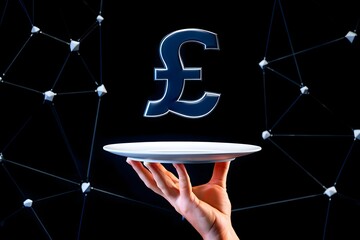 A hand holding a plate with a pound symbol floating above it against a dark network background