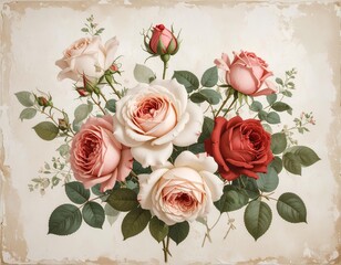 vintage wall art poster of roses on beige textured background