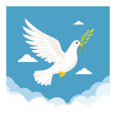 Obraz premium A white dove flies in a blue sky, carrying an olive branch, symbolizing peace and hope.