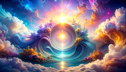 A vibrant, swirling cosmic scene with celestial orbs, vibrant colors, and glowing light