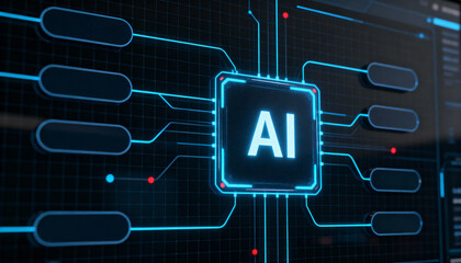 Ultra-detailed 3D render of a glowing blue AI chip at the center of a circuit board. 