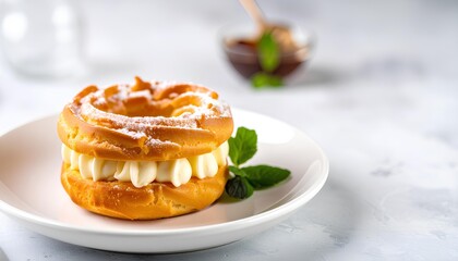ring pastry desert with cream on a white plate