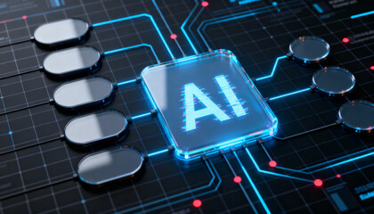 Ultra-detailed 3D render of a glowing blue AI chip at the center of a circuit board. 