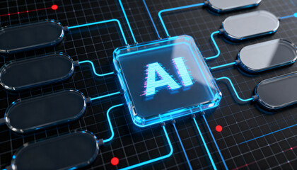 Ultra-detailed 3D render of a glowing blue AI chip at the center of a circuit board. 