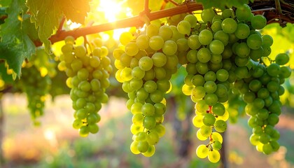 Lush green grapes hanging from vines in golden sunlight