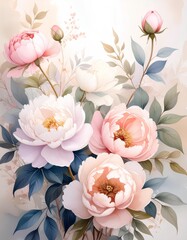watercolor floral wall art illustration of soft pastel flowers on beige background