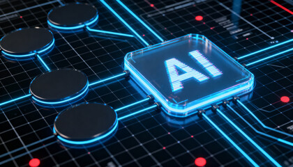 Ultra-detailed 3D render of a glowing blue AI chip at the center of a circuit board. 