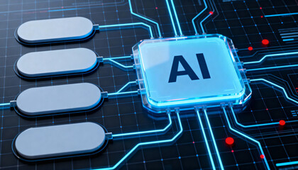 Ultra-detailed 3D render of a glowing blue AI chip at the center of a circuit board. 