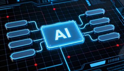 Ultra-detailed 3D render of a glowing blue AI chip at the center of a circuit board. 