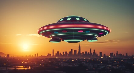 Fototapeta premium Ufo flying over city skyline at sunset with glowing lights