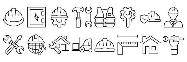 A collection of mining icons. With a line style and transparent background. Field work and teamwork icons. Vector Illustration
