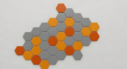 Hexagon mosaic design in orange and grey tones with embossed effect, perfect for abstract wallpapers and creative visuals.