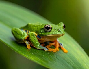 Obraz premium Vibrant green frog perched on a broad, lush leaf