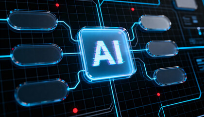 Ultra-detailed 3D render of a glowing blue AI chip at the center of a circuit board. 