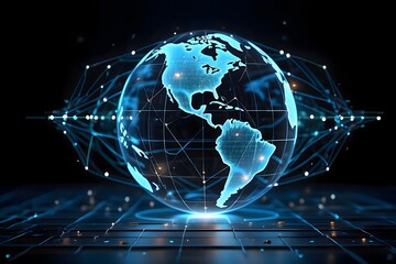 Obraz premium Digital globe with glowing continents and network connections on a dark background design