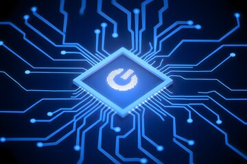 Glowing blue circuit board with a power symbol in the center on a dark background design concept