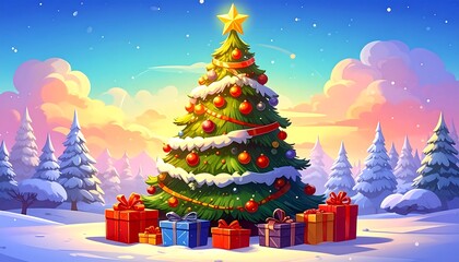 Obraz premium A vibrantly colored cartoon illustration of a decorated Christmas tree with gifts in a snowy landscape