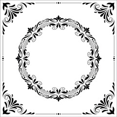 Ornamental circular frame design, symmetrical floral border, elegant swirl corners, vintage decorative layout, black flourish elements for invitations