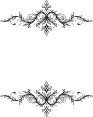Ornamental floral design pair, symmetrical swirl embellishments, elegant black decoration, vintage layout accent, certificate and invitation graphic elements