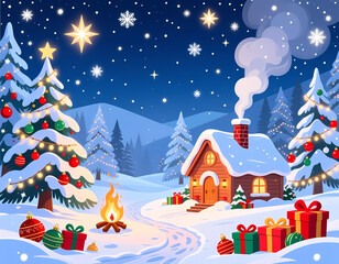 A charming cabin sits warmly illuminated under a night sky filled with stars and snowflakes Generative AI