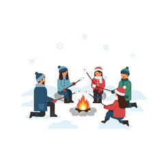 Family and friends gathered around a campfire in the snow, roasting marshmallows on sticks during the winter season.