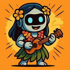 Hula Robot With Ukulele And Plumeria Hawaiian Music Character Illustration
