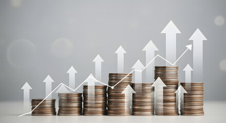 Stacks of coins arranged as a rising bar graph with upward arrows, representing financial growth and investment returns.