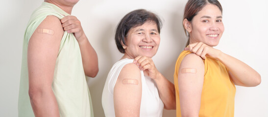 Adult and Senior group with bandage after received vaccine. Vaccination and Immunization for Influenza, HPV, Zoster, IPD, DTP, Dengue, Encephalitis, Rabies, Pneumococcal Hepatitis B and Covid vaccines