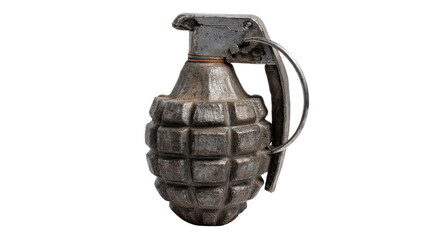 Military hand grenade with textured metal body detailed explosive weapon closeup isolated on white background tactical army equipment closeup isolated on white background
