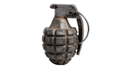 Military hand grenade with textured metal body detailed explosive weapon closeup isolated on white background tactical army equipment closeup isolated on white background
