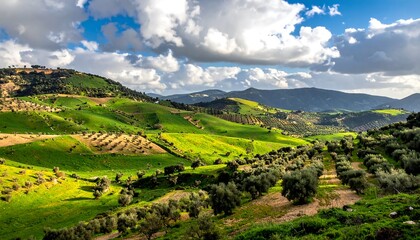 Lush green hills under a dramatic sky