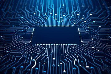 A close up view of a blue circuit board with a dark central area and glowing white connections