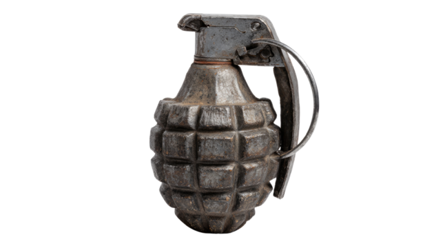 Military hand grenade with textured metal body detailed explosive weapon closeup isolated on white background tactical army equipment closeup isolated on white background