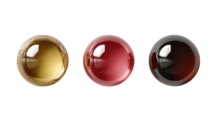 Three Glossy Spheres in Gold, Burgundy, and Dark Brown