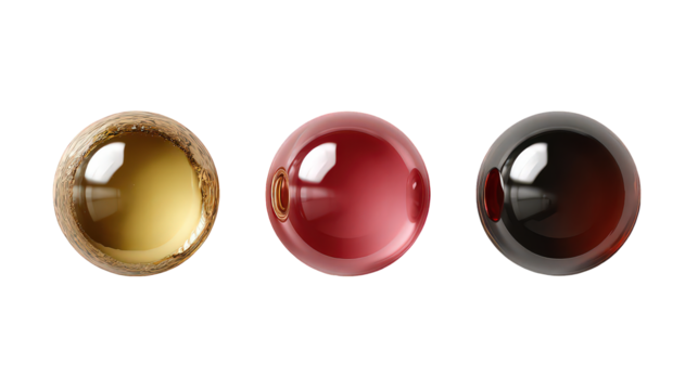 Three Glossy Spheres in Gold, Burgundy, and Dark Brown