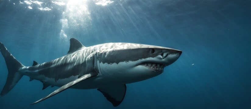 Dramatic underwater photo of a great white shark swimming with open mouth, surrounded by small fish in deep blue ocean.
