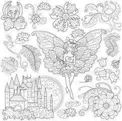 Monochrome fantasy design set of beautiful fairy Elf girl, castle, flowers, floral elements. Vector line art illustrations for clipart, stickers, coloring book isolated on white background. 