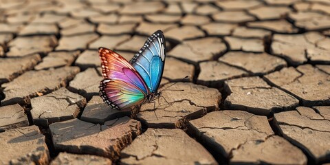 Climate Change A colorful butterfly rests on dry, cracked earth, symbolizing fragility and resilience in a harsh environment.
