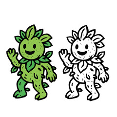 Cute Leaf Monster Character – Colored and Outline Vector Illustration