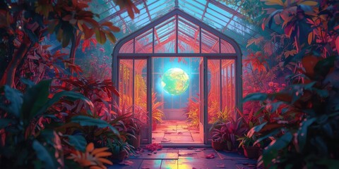 Climate Change A vibrant greenhouse filled with lush plants, illuminated by an otherworldly light, creating a magical and serene atmosphere.
