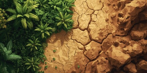 Climate Change Lush green foliage contrasts with cracked earth, illustrating the struggle between vegetation and arid land.