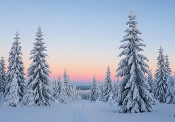 Obraz premium Snow covered evergreen trees in a winter forest at sunrise