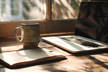 Serene Workspace by the Window: A cozy desk bathed in natural light, a mug of coffee rests beside an open laptop, the perfect workspace for creativity and inspiration.