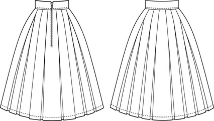 Technical fashion sketch of pleated skirt with structured waistband, stitched hem, and center back zipper for garment construction design use