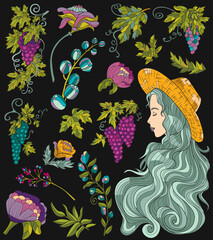 Colorful design set with cartoon elements of grape berries, leaves, flowers and beautiful girl wearing straw hat. Vector line art doodle illustrations for clipart, stickers. 