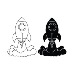 black and white rocket ship icon set with bold outline and solid fill, space launch vector for kids and branding.