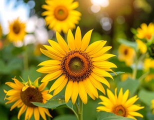 Obraz premium Vibrant yellow sunflowers in a field, sunlit and in focus, with blurred background