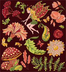 Colorful design set with fantasy cartoon elements of princess fairy girl, mushrooms, flowers, forest plants and herbs. Vector line art doodle illustrations for clipart, stickers, cards. 