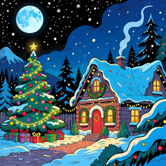 Fototapeta premium A beautifully decorated Christmas tree stands proudly in front of a warm cottage, surrounded by snow covered trees and twinkling lights under a bright moonlit sky Generative AI