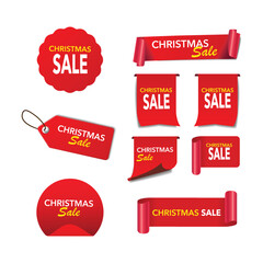 Set of red Christmas sale banners in various shapes. Ribbons and round sticker. Paper scrolls. Vector illustration.